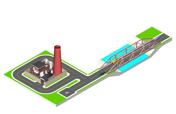 Ισομετρική γέφυρα με έναν δρόμο, αυτοκίνητα και εργοστάσιο κτίριο με ένα σωλήνα, cisternae, φράχτη με ένα εμπόδιο. Εικονογράφηση διάνυσμα που απομονώνονται σε λευκό φόντο. — Διανυσματικό Αρχείο