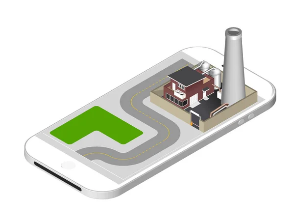 Isometric icon representing factory building with a pipe, cisternae, fence with a barrier - standing on the smartphone screen. Vector illustration isolated on white background. — Stock Vector