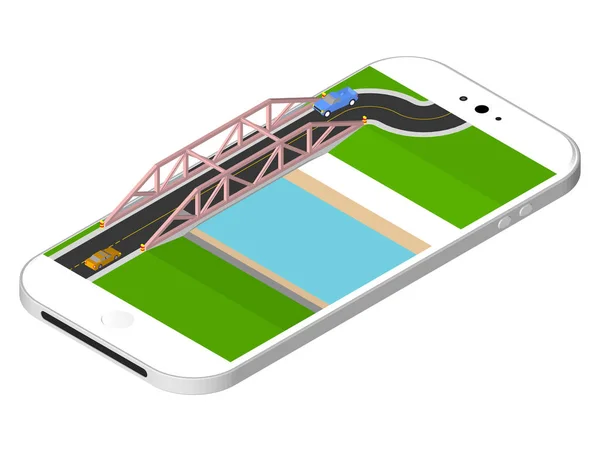 Isometric bridge with a road over the river standing on the smartphone screen. Vector illustration isolated on white background. — Stock Vector