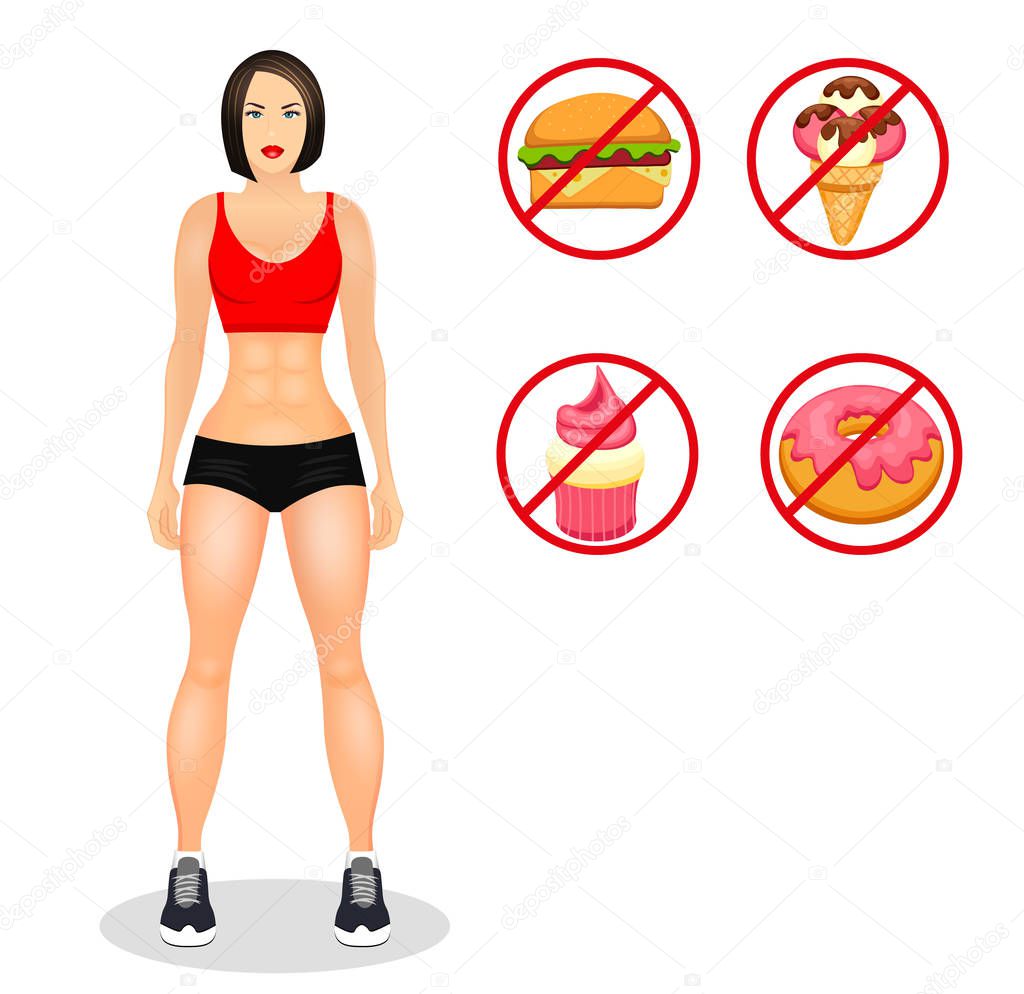 Fitness concept with fit woman in sportswear. Muscular Models cartoon girl. Useful and harmful food. Vector illustration isolated on white background