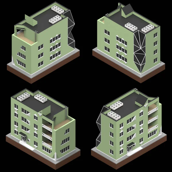 Küçük bir izole platformda yeşil Konut Binası. Raster bir perspektif görünüm 3d çizimi. Her tarafta evlerin 4 türleri kümesi. 3D render. — Stok fotoğraf