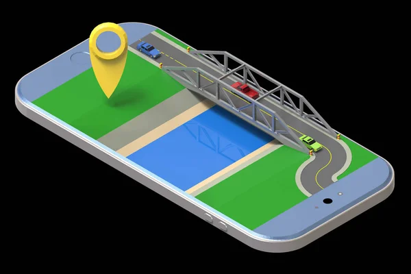 附近有一座横跨河流、 道路和汽车位于智能手机屏幕的概念图。等角投影。3d 渲染. — 图库照片