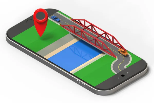 Koncepcyjna ilustracja obszaru z mostem przez rzekę, drogi i samochody znajdujące się na ekranie smartfonu. Rzut izometryczny. renderowania 3D. — Zdjęcie stockowe
