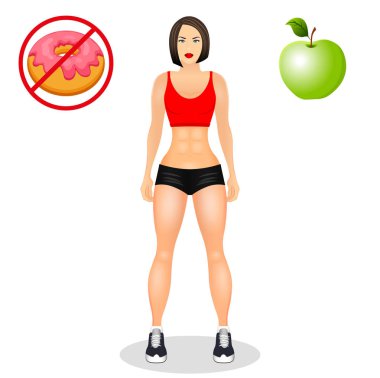 Spor giyim uygun kadın ile fitness kavramı. Kas modelleri çizgi film kız. Yararlı ve zararlı gıda. Beyaz arka plan üzerinde izole vektör çizim.