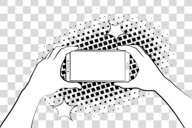 Yarı ton gölgeler ile çizgi roman phablet. El tutma smartphone. Arka plan üzerinde izole vektör çizim eps 10.
