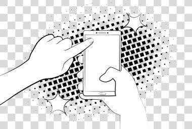 Yarı ton gölgeler ile çizgi roman phablet. El tutma smartphone. Telefon ekranında sayfasında oturum açın. Arka plan üzerinde izole vektör çizim eps 10.