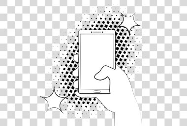 Yarı ton gölgeler ile çizgi roman phablet. El tutma smartphone. Arka plan üzerinde izole vektör çizim eps 10.