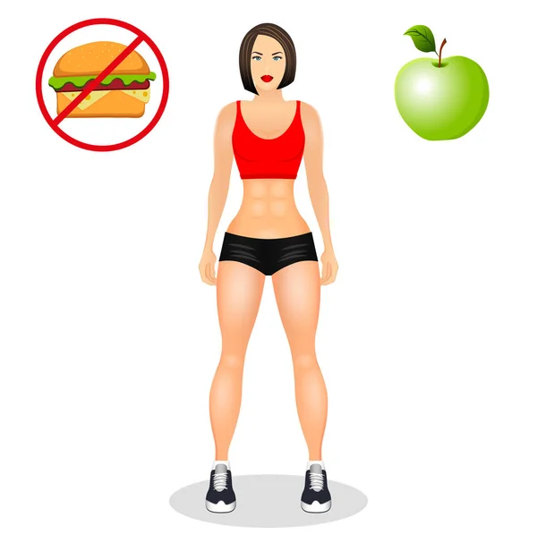 Fitnesskonzept mit fitter Frau in Sportbekleidung. muskulöse Modelle Cartoon Girl. nützliche und schädliche Nahrungsmittel. Vektor-Illustration isoliert auf weißem Hintergrund. — Stockvektor