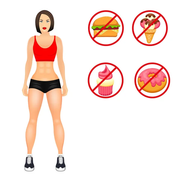 Concept with fit young woman in sportswear. Useful and harmful food. Woman with a sporty physique. Vector illustration isolated on white background. — Stock Vector