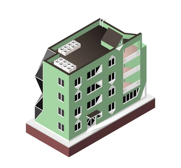 Ilustración vectorial aislada sobre fondo blanco. Icono isométrico que representa la casa moderna. Edificio de vivienda urbana con ventanas y aire acondicionado . — Archivo Imágenes Vectoriales