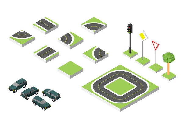 Set Isometric route et voitures vectorielles, Réglementation de la circulation routière commune. Illustration vectorielle eps 10 isolée sur fond blanc . — Image vectorielle