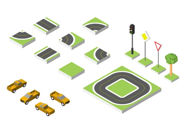 Conjunto Isométrico carretera y Vector Cars, Común de la regulación del tráfico por carretera. Ilustración vectorial eps 10 aislado sobre fondo blanco . — Archivo Imágenes Vectoriales