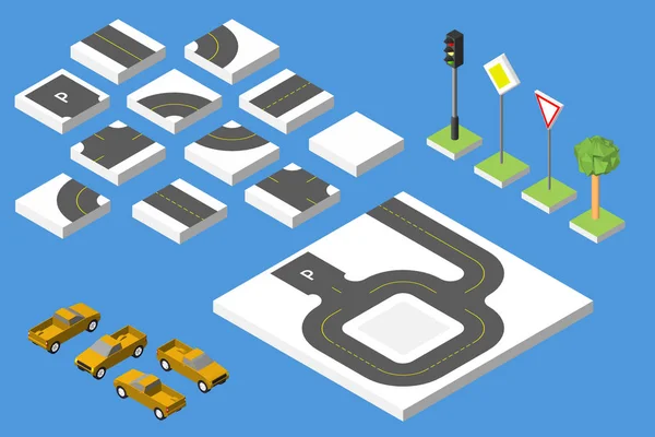 Conjunto Isométrico carretera y Vector Cars, Común de la regulación del tráfico por carretera. Ilustración vectorial eps 10 . — Archivo Imágenes Vectoriales