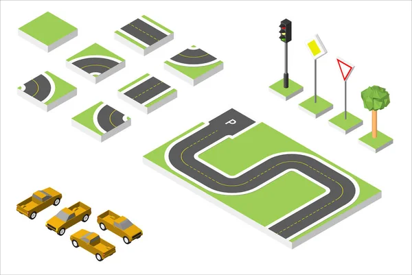 Conjunto Isométrico carretera y Vector Cars, Común de la regulación del tráfico por carretera. Ilustración vectorial eps 10 aislado sobre fondo blanco . — Archivo Imágenes Vectoriales