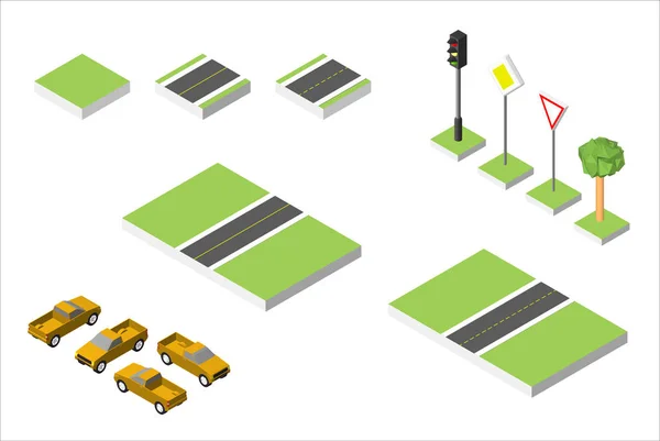 Isometrische weg en Vector auto's, gemeenschappelijke regelgevende wegverkeer instellen. Vector illustratie eps 10 geïsoleerd op witte achtergrond. — Stockvector