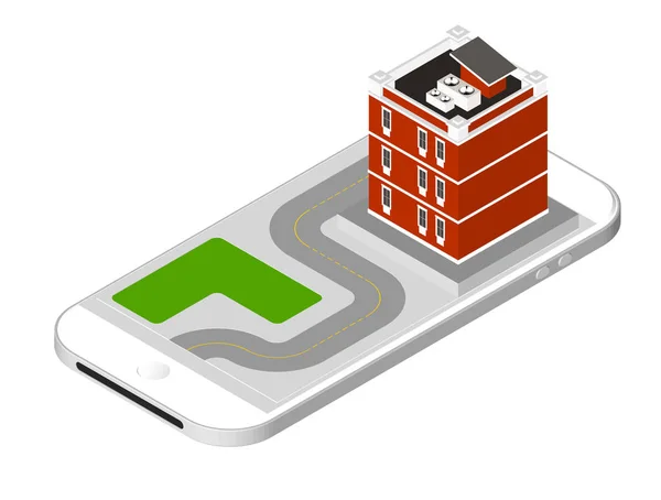 Ισομετρική εικονίδιο που αντιπροσωπεύει το σύγχρονο σπίτι με μια μόνιμη δρόμο στην οθόνη του smartphone. Αστική κατοικία κτίριο με τα παράθυρα και κλιματισμό. Εικονογράφηση διάνυσμα που απομονώνονται σε λευκό φόντο. — Διανυσματικό Αρχείο