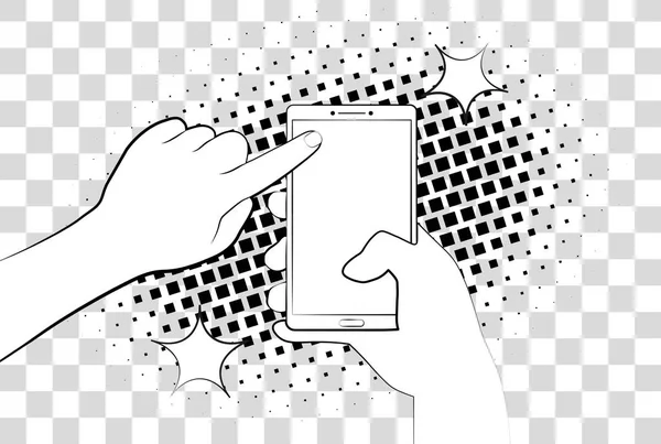 Phablet cómico com sombras de meio-tom. Mão segurando smartphone. Entre na página na tela do telefone. Ilustração vetorial eps 10 isolado no fundo . —  Vetores de Stock