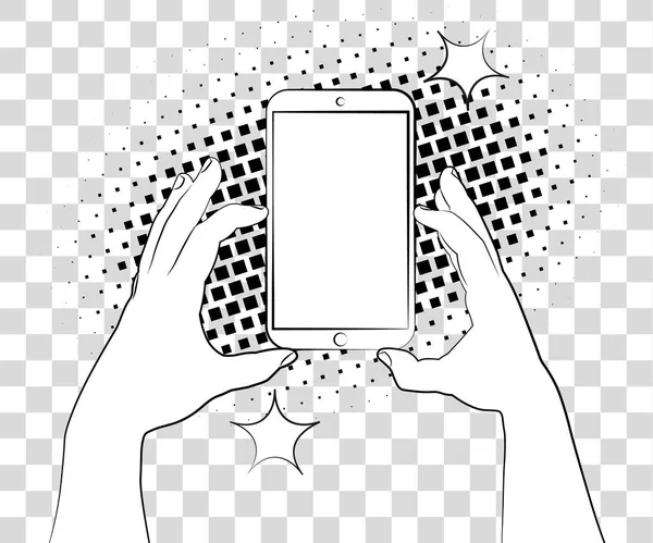 Phablet cómico con sombras de medio tono. Mano sosteniendo smartphone. Ilustración vectorial eps 10 aislado sobre fondo . — Vector de stock