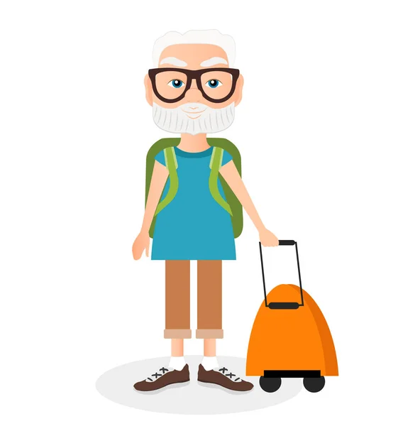 Abuelo con un viaje en mochila. Viajando con la mochila. Ilustración vectorial eps 10 aislado sobre fondo blanco. Estilo de dibujos animados plana . — Vector de stock