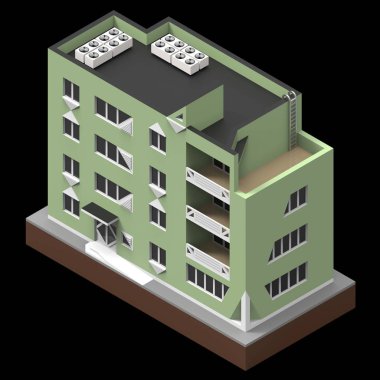 Küçük bir izole platformda yeşil Konut Binası. Raster bir perspektif görünüm 3d çizimi. 3D render.