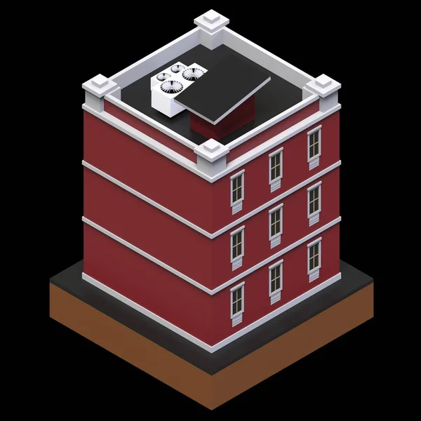 Edifício residencial vermelho em uma pequena plataforma isolada. Raster ilustração 3d de uma visão de perspectiva. Renderização 3d . — Fotografia de Stock