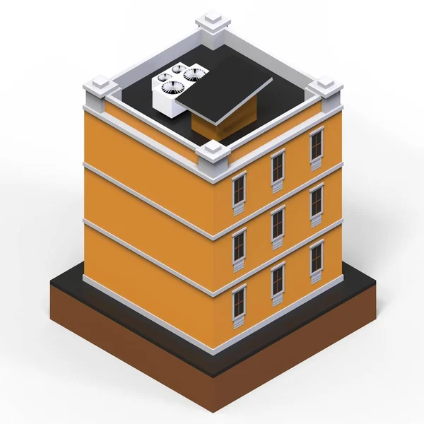 Orangefarbenes Wohnhaus in einer kleinen isolierten Plattform. Raster 3D Illustration einer perspektivischen Ansicht. 3D-Darstellung. — Stockfoto