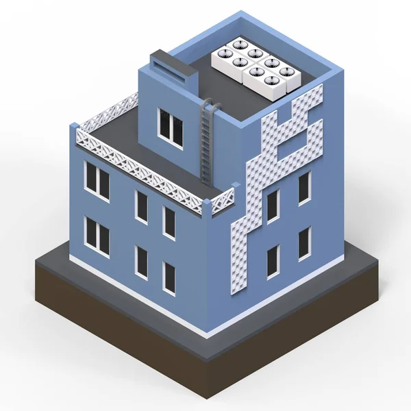 Blå bostadshus i en liten isolerad plattform. Raster 3d illustration av en perspektivvy. 3D-rendering. — Stockfoto