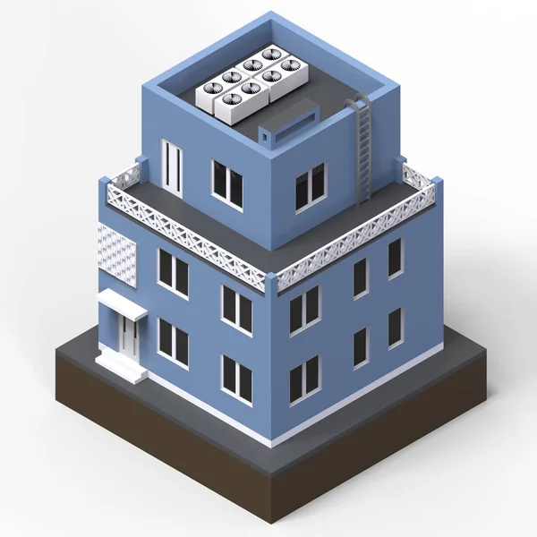 Bâtiment résidentiel bleu dans une petite plateforme isolée. Illustration 3D matricielle d'une vue en perspective. Rendu 3d . — Photo