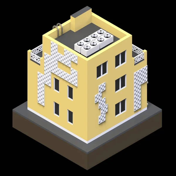 Edifício residencial amarelo em uma pequena plataforma isolada. Raster ilustração 3d de uma visão de perspectiva. Renderização 3d . — Fotografia de Stock