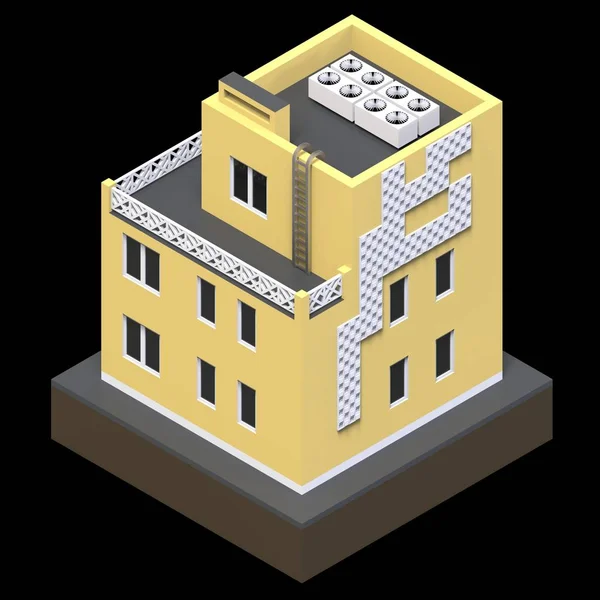 Bâtiment résidentiel jaune dans une petite plateforme isolée. Illustration 3D matricielle d'une vue en perspective. Rendu 3d . — Photo