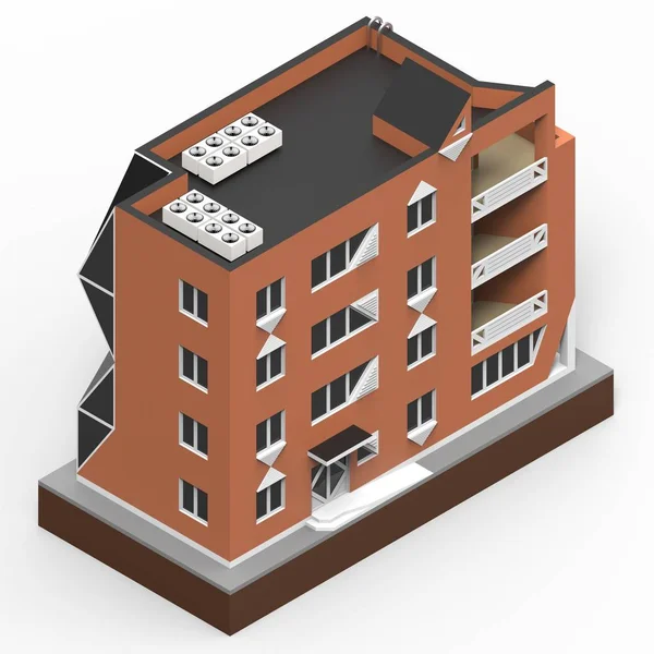Edificio residencial rojo en una pequeña plataforma aislada. Raster 3d ilustración de una vista de perspectiva. renderizado 3d . —  Fotos de Stock