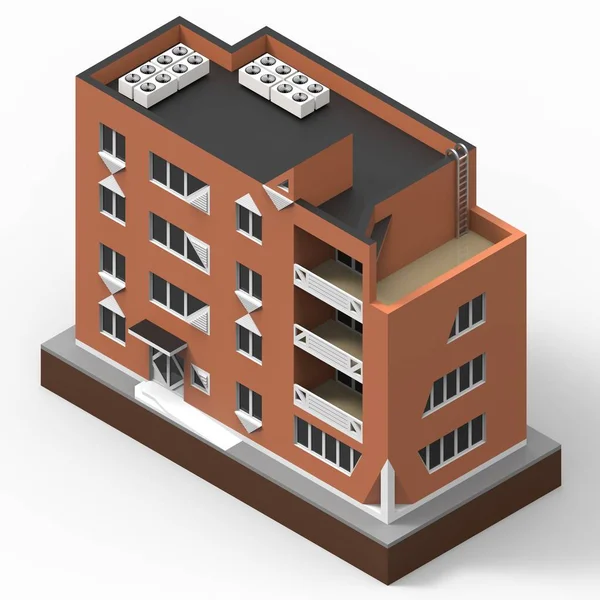 Bâtiment résidentiel rouge dans une petite plateforme isolée. Illustration 3D matricielle d'une vue en perspective. Rendu 3d . — Photo