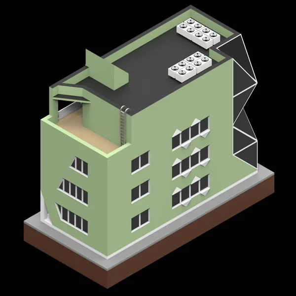 Edificio residencial verde en una pequeña plataforma aislada. Raster 3d ilustración de una vista de perspectiva. renderizado 3d . —  Fotos de Stock