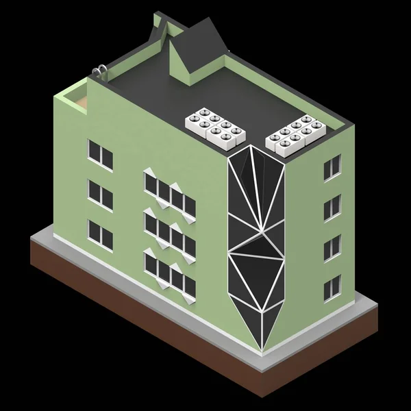 Bâtiment résidentiel écologique dans une petite plateforme isolée. Illustration 3D matricielle d'une vue en perspective. Rendu 3d . — Photo