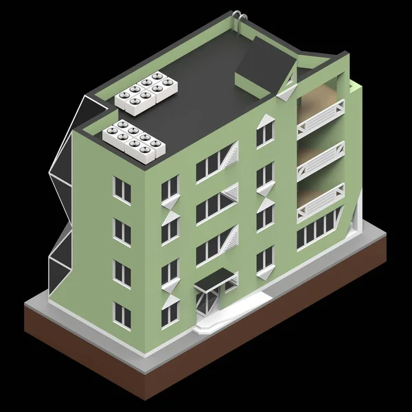 Bâtiment résidentiel écologique dans une petite plateforme isolée. Illustration 3D matricielle d'une vue en perspective. Rendu 3d . — Photo