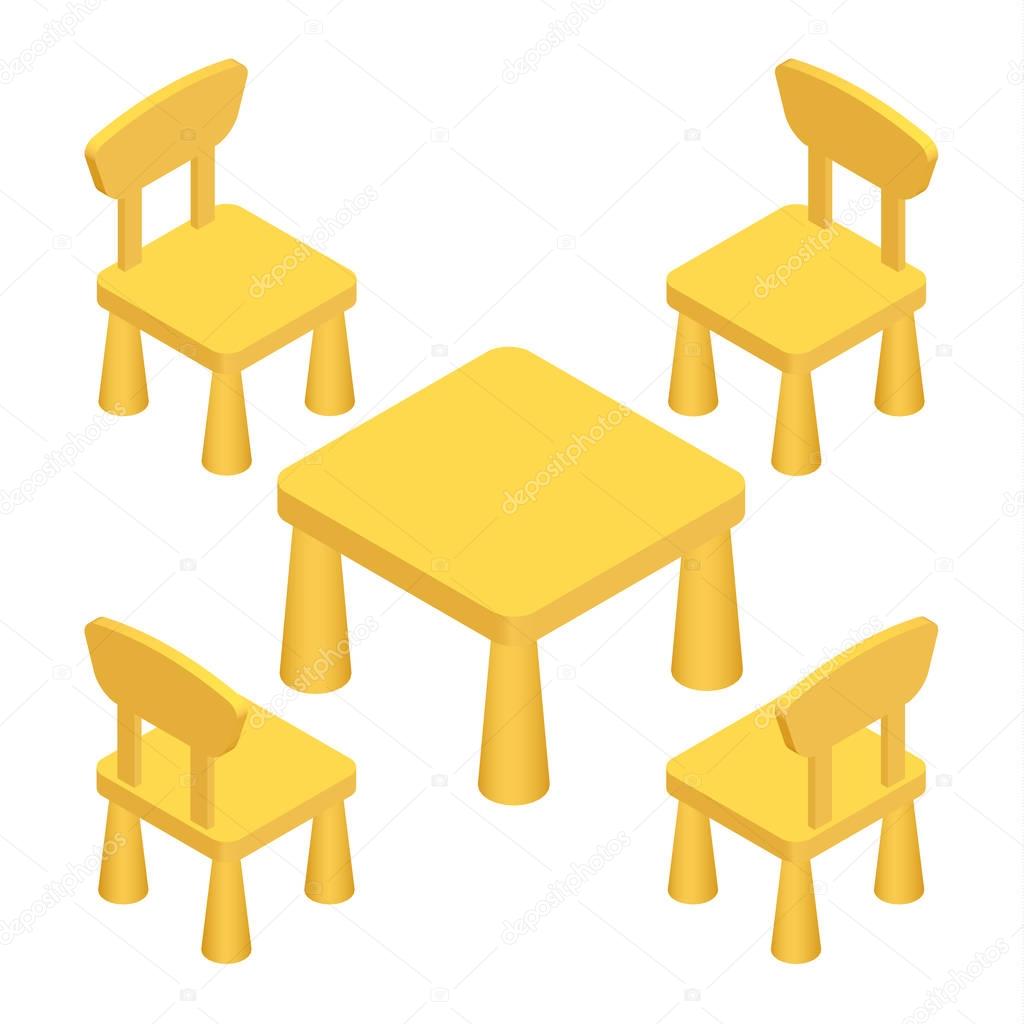 Isometric Children play room Interior furniture - table and chairs. Vector illustration eps 10 isolated on white background.