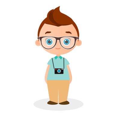 Avatar daire içinde karşı karşıya. Gözlük ve kamera portre genç çocuk. Vektör çizim eps 10. Düz çizgi film tarzı.