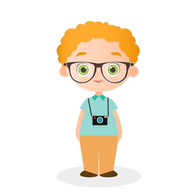 Avatar daire içinde karşı karşıya. Gözlük ve kamera portre genç çocuk. Vektör çizim eps 10. Düz çizgi film tarzı.