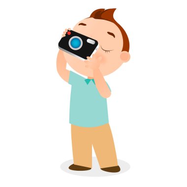 Fotoğraf makinesi olan çocuk. Vektör çizim eps 10 beyaz arka plan üzerinde izole. Düz çizgi film tarzı.