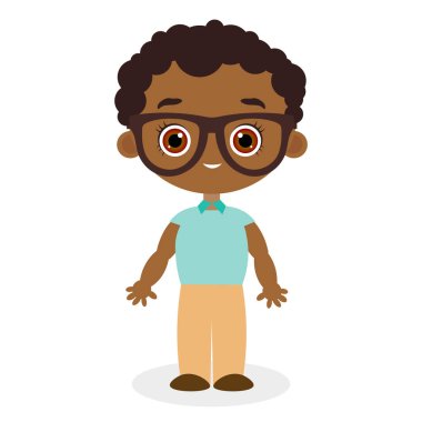 Afro-Amerikan çocuk gözlüklü. Vektör çizim eps 10 beyaz arka plan üzerinde izole. Düz çizgi film tarzı.