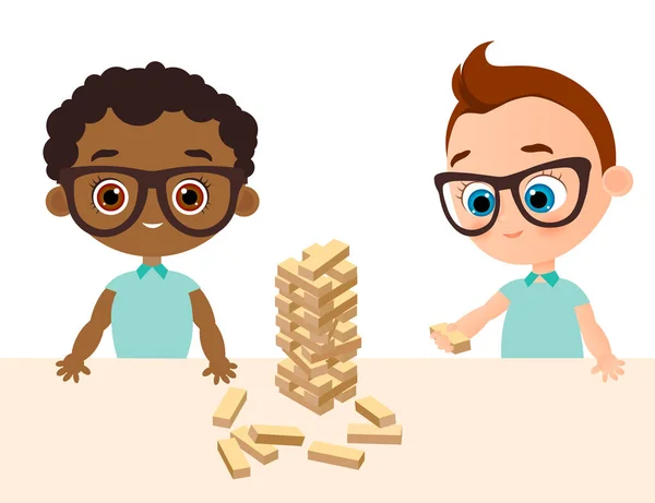 Os meninos jogam em jogo de madeira - jenga. Rapaz Africano Americano com óculos. Ilustração vetorial eps 10. Estilo de desenho animado plano . —  Vetores de Stock