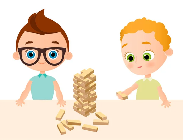 Los muchachos juegan en el juego de madera - jenga. Un chico con gafas. Ilustración vectorial eps 10. Estilo de dibujos animados plana . — Vector de stock