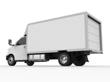 Beyaz kamyonet. Araba teslim Servisi. Perakende satış noktaları için mal ve ürün teslim. 3D render.