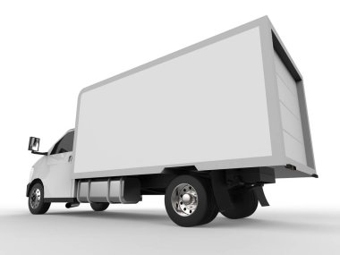 Beyaz kamyonet. Araba teslim Servisi. Perakende satış noktaları için mal ve ürün teslim. 3D render.