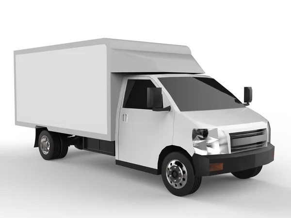 Kleine witte vrachtwagen. Auto verzendingsdienst. Levering van goederen en producten aan detailhandel. 3D-rendering. — Stockfoto