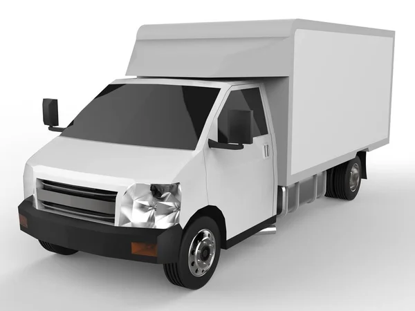 Μικρό λευκό φορτηγό. Υπηρεσία παράδοσης του αυτοκινήτου. Παράδοση αγαθών και προϊόντων σε καταστήματα λιανικής πώλησης. 3D rendering. — Φωτογραφία Αρχείου