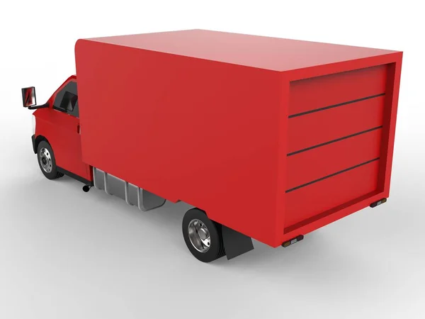 Küçük kırmızı kamyon. Araba teslimat servisi. Perakende satış mağazalarına mal ve ürün teslimatı. 3d oluşturma. — Stok fotoğraf