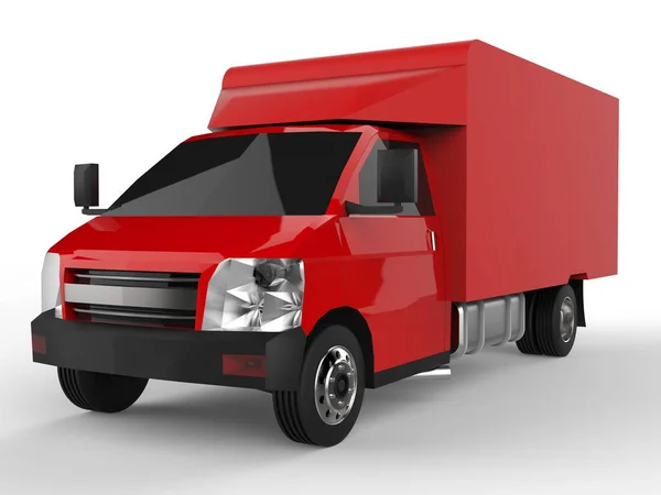 Kis piros teherautó. Autószállító szolgálat. Áruk és termékek szállítása a kiskereskedelmi egységekhez. 3D-s renderelés. — Stock Fotó