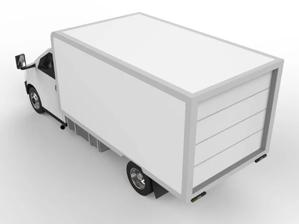 Kleine witte vrachtwagen. Auto verzendingsdienst. Levering van goederen en producten aan detailhandel. 3D-rendering. — Stockfoto
