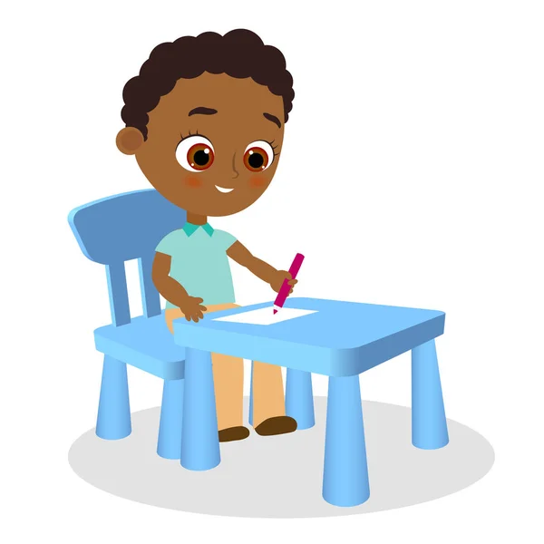 Joven afroamericano chico pinta sentado en un escritorio de la escuela. Ilustración vectorial eps 10. Estilo de dibujos animados plana . — Archivo Imágenes Vectoriales